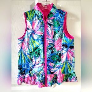 Lilly Pulitzer Bright Pink Floral Reversible Down Vest Coastal Vibe Girls Size M